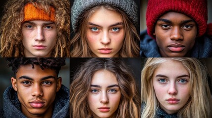 Obraz premium Close-up portraits of diverse young adults. A collection of individual headshots showcasing a variety of ethnicities and hairstyles.