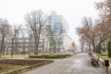 Photo of the capital of the Republic of Moldova, Chisinau during the winter fog.