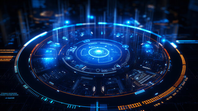 Complex circular interface processing data with glowing blue and orange lights, representing advanced technology and futuristic design