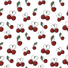 Seamless pattern with drawn elements, cherry pairs forming heart-shaped stems, green leaves on on a transparent background. For wrapping paper, textiles, wallpaper, fabric, stationery, clothing