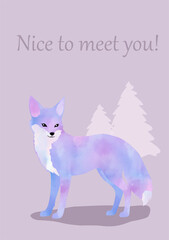 Vector watercolor illustration of a fox in pink, blue and purple tones in A2 greeting card format