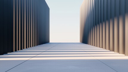 Fototapeta premium Sleek Modern Minimalist Alley with Metallic Walls and Clean Lines Under Clear Skies