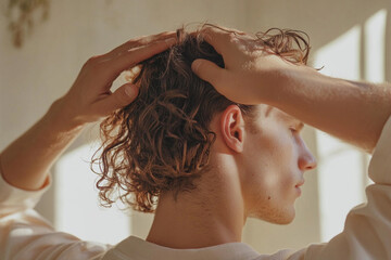 A curly-haired man caring for his hair, styling it. Men's wavy hair styling.