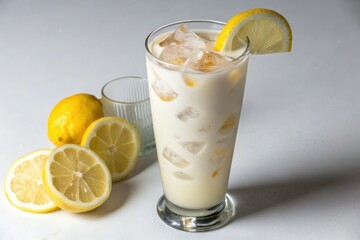 Glass of horchata poured over ice in a tall clear glass with lemon wedges floating in it, refreshing, citrus