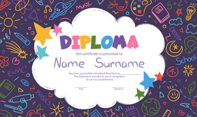 Colorful school and preschool diploma certificate for kids and children in kindergarten or primary grades with doodle crayon elements on colorful background. Vector cartoon flat illustration