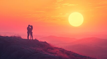 romantic couple in love hugging standing on top of colorful hill against beautiful sunset background
