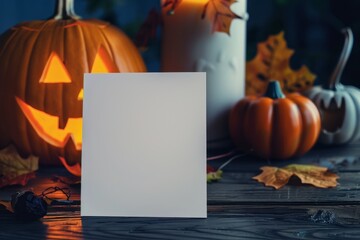 Blank Card with Halloween Decorations and Pumpkins in Soft Light