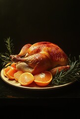 Roasted Turkey with Orange Slices and Fresh Herbs on a Dark Background for a Festive Dinner or Holiday Celebration