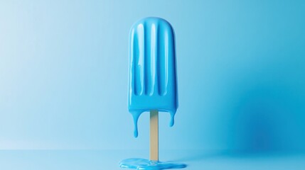 Melting blue popsicle on stick, light blue background, summer refreshment