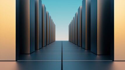 Modern Minimalist Alley with Sleek Metallic Walls in Serene Blue Skies