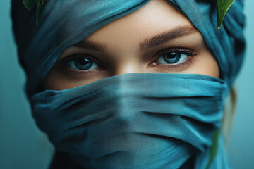 Mysterious woman with striking blue eyes and elegant headscarf in a serene environment