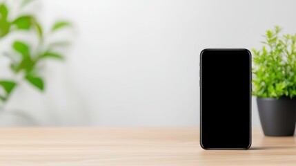 Cell phone resting on table beside plant and molded smart home devices in a modern setting