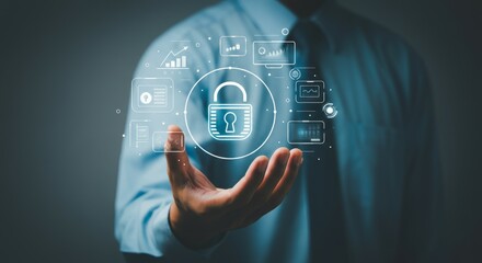 Man is holding a hand up to a screen that has a lock on it