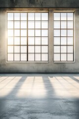 This spacious industrial loft features polished concrete floors and large windows, filling the space with natural light for a modern, welcoming, and distinctive atmosphere youll love