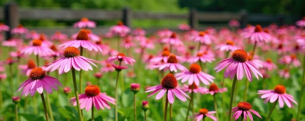 Fototapeta premium Field of pink Echinacea flowers with a wooden fence in the background, pink flowers, flowers field