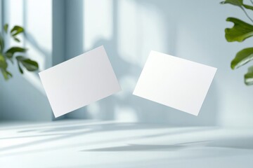 business card mockup concept. Two blank cards floating in a softly lit room with greenery, creating a minimalist and serene atmosphere.