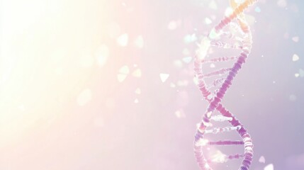 A creative illustration of a DNA double helix composed of glowing, floating geometric shapes and lines against a soft, white background