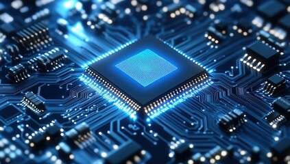 Obraz premium A dark blue, glowing chip floats in the center of an intricate network made up of black and white circuit