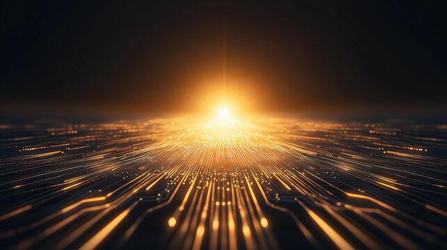 The Digital Dawn: A mesmerizing abstract image showcasing glowing lines of data and a brilliant rising sun, symbolic of the boundless potential and ever-expanding horizon of the digital world.