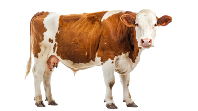 Simmental cattle, red and white, dual-purpose breed isolated on transparent background