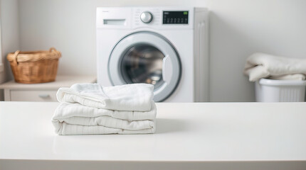 white table decorated with neatly folded piles of clean linen and towels in laundry room; washing machine in the background creating homely atmosphere in the room
