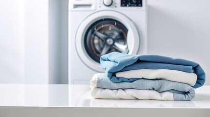 white table decorated with neatly folded piles of clean linen and towels in laundry room; washing machine in the background creating homely atmosphere in the room