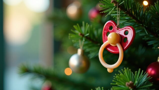 Christmas tree branches adorned with pacifier, Christmas, holly, evergreen
