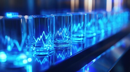 A close-up view of a transparent blue 3D bar chart illustrating a rising trend.