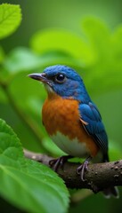 Fototapeta premium Bluethroat peeking out from behind leafy branches, camouflage, hiding