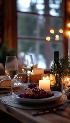 Romantic dinner for two with candlelight and wine.