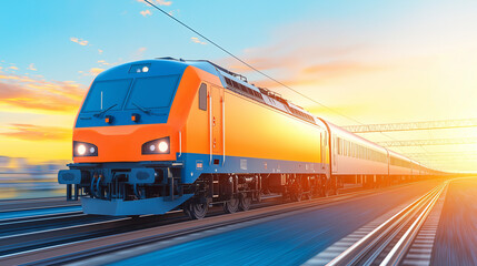 Obraz premium High-Speed Rail at Sunset: A sleek, modern high-speed train, painted in vibrant orange and blue, speeds across the landscape at sunset, the sun casting a warm golden glow on the scene. 