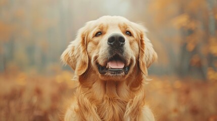 golden retriever smiling in autumn forest