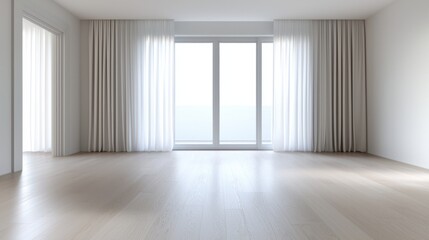 Fototapeta premium Empty room with a large window in the center. the window has white curtains that are open, allowing natural light to enter the room.