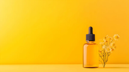 Naklejka premium An enchanting dropper bottle rests beside soft blooms against a sunny yellow backdrop