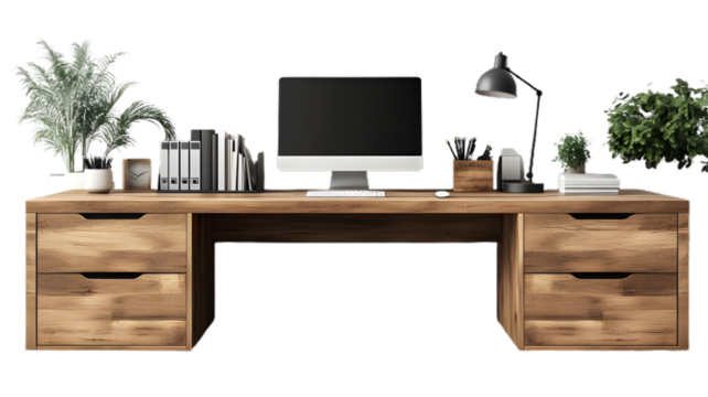 Modern Office Desk with Sleek Table Lamp, Png