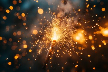 Obraz premium Sparkler burning brightly with falling sparks and bokeh lights in background, perfect for celebrations and holidays