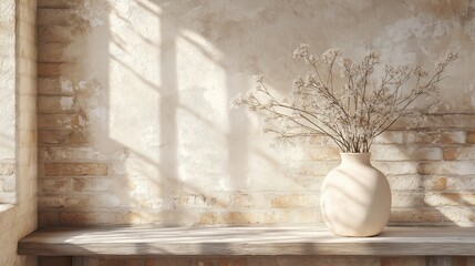 A vase with flowers sits on a wooden shelf in front of a brick wall