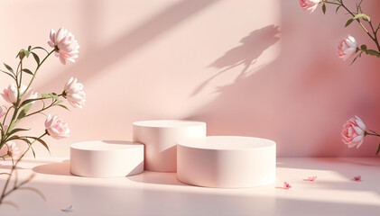 Product display and business concept Modern aesthetic Product podium with fresh pink rose flowers on pastel pink background Elegant beauty concept