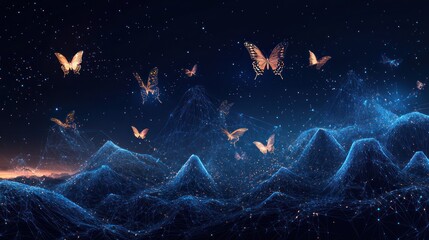Fototapeta premium Glowing butterflies fly over a digital mountain range at night.