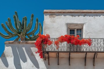 A charming white building features a wrought-iron balcony adorned with bright red bougainvillea and a tall cactus against a clear blue sky.