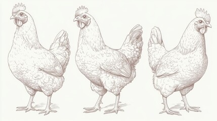 Fototapeta premium Detailed illustration of three chickens in various poses, showcasing their features and behavior