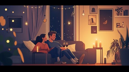 A couple is sitting on a couch in a dimly lit room, holding hands