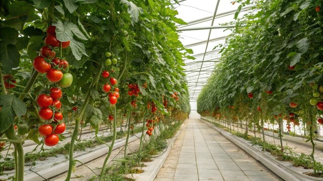 Greenhouse trellis with ripe tomato vines, agricultural produce, trellis system
