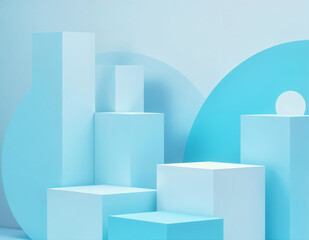 Obraz premium Pastel blue shelf background, geometric shapes of various sizes arranged on a soft, simple background.