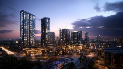 Fototapeta premium A nighttime urban scene featuring modern skyscrapers with sleek glass facades.