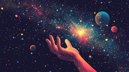 Hand reaching for vibrant nebula and planets in space.