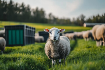 Fototapeta premium Selective focus sheep farming in meadow land, Landscape view of sheep in livestock farming in countryside grass field.