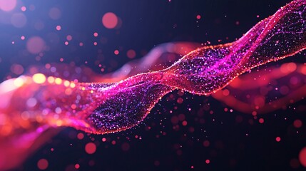 A vibrant, abstract wave of pink and purple particles flowing against a dark background, evoking a sense of dynamic motion and energy.