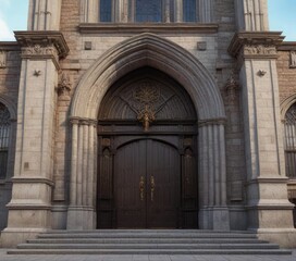 Fototapeta premium Grand entrance of tall church with imposing facade , stone, architecture
