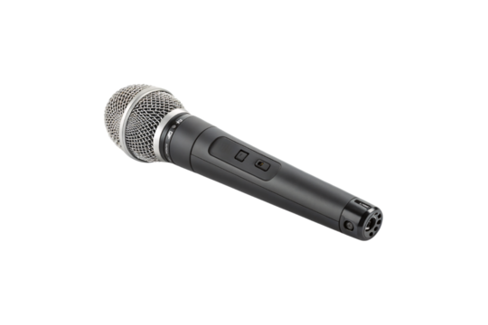 A black, professional-grade microphone with a durable mesh head and accessible toggle buttons for precise sound control during performances or recordings. Isolated on a transparent background